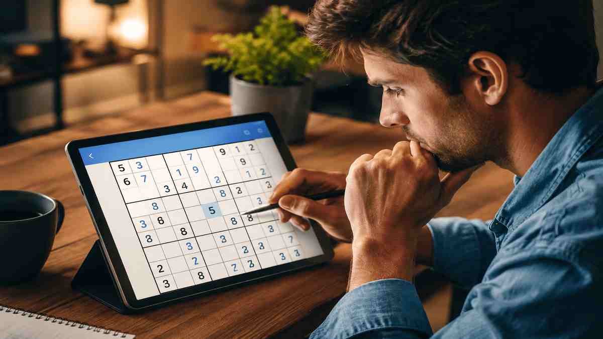 Focused American man solving a Sudoku puzzle on a tablet while sitting at a desk, concentrating on filling the number grid in a modern home setting.
