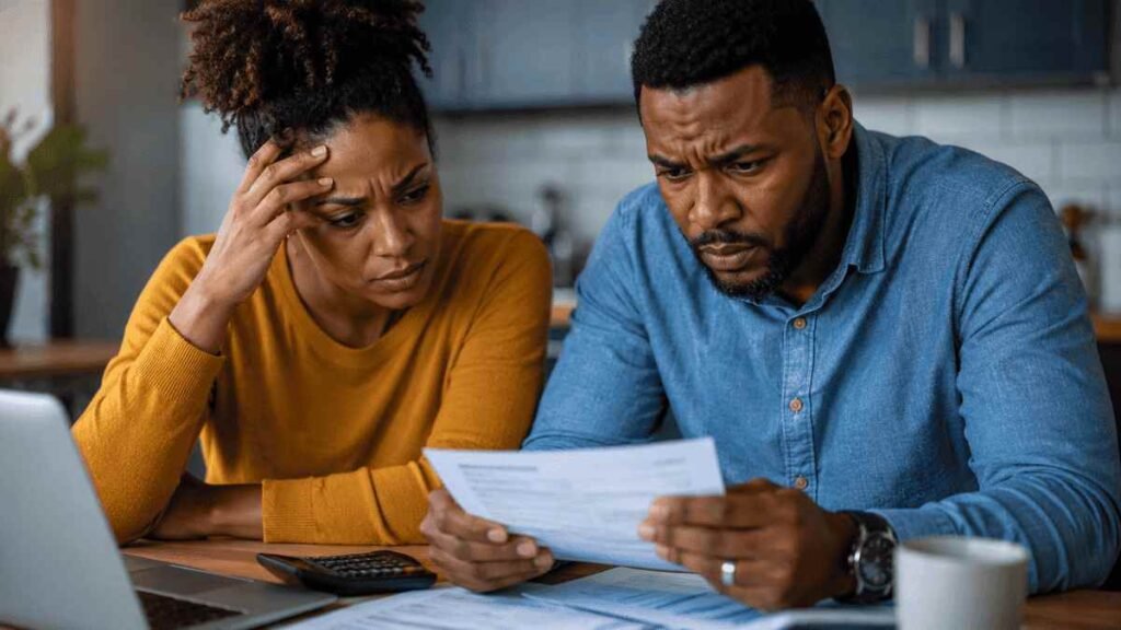 African American couple reviewing medical bills and insurance paperwork while estimating healthcare costs before a medical procedure.