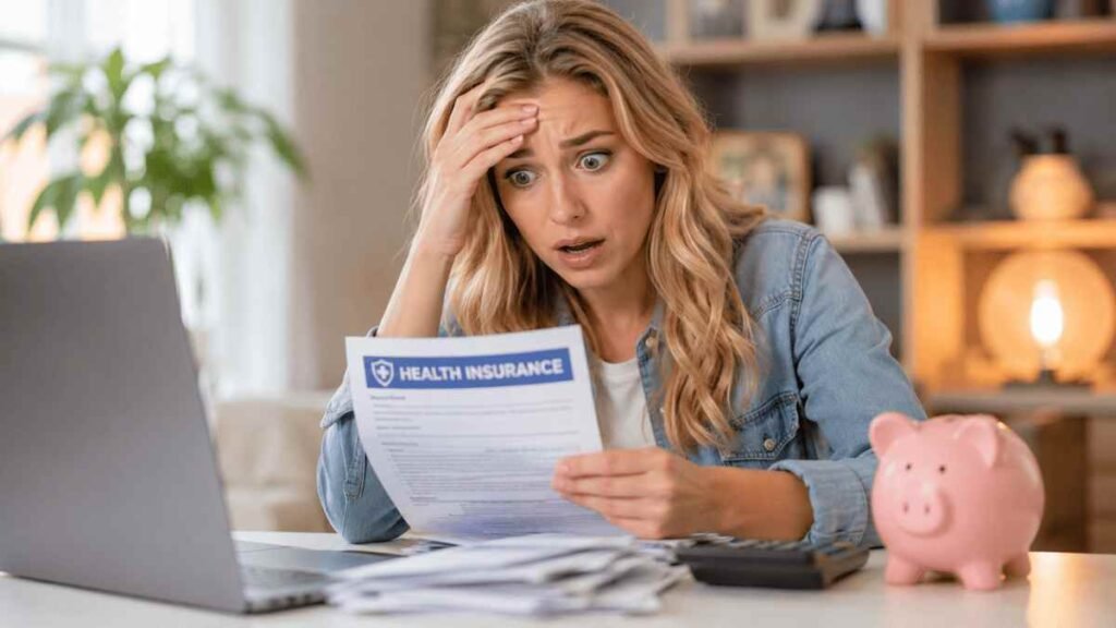 Young American woman looking shocked while reviewing health insurance documents and medical bills, highlighting costly mistakes first-time insurance buyers should avoid.