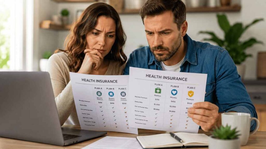 American adult comparing multiple health insurance plans on a laptop while reviewing healthcare costs and coverage options at home, illustrating smart health insurance plan comparison.