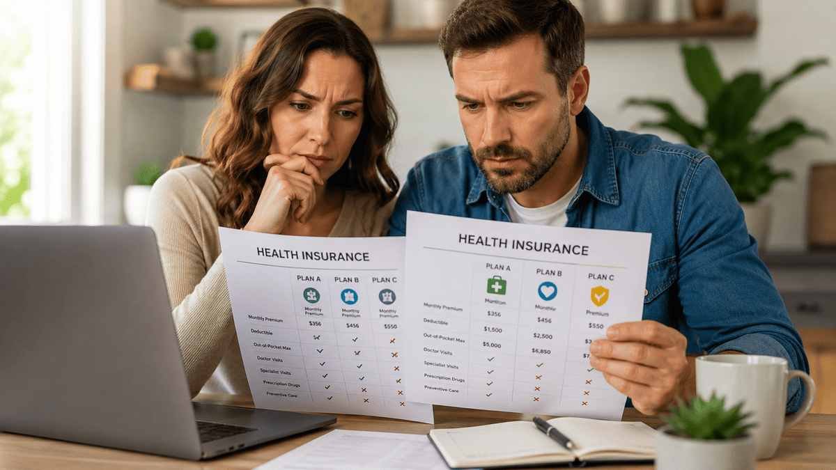 American adult comparing multiple health insurance plans on a laptop while reviewing healthcare costs and coverage options at home, illustrating smart health insurance plan comparison.