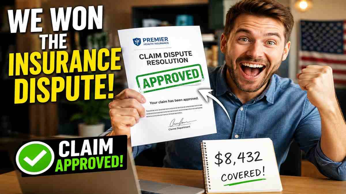 Happy American man celebrating after successfully winning a health insurance claim appeal, holding an approved claim letter and medical bill marked paid, symbolizing victory over an insurance dispute.
