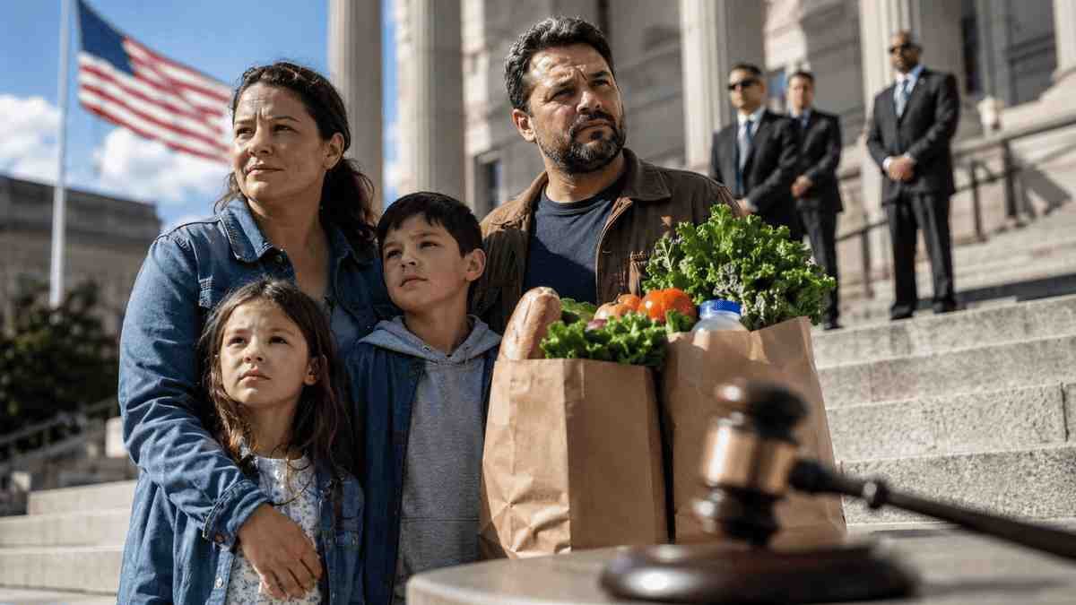 American family standing outside a federal courthouse with grocery bags after a judge blocks SNAP funding restrictions, symbolizing food assistance access and legal protections.