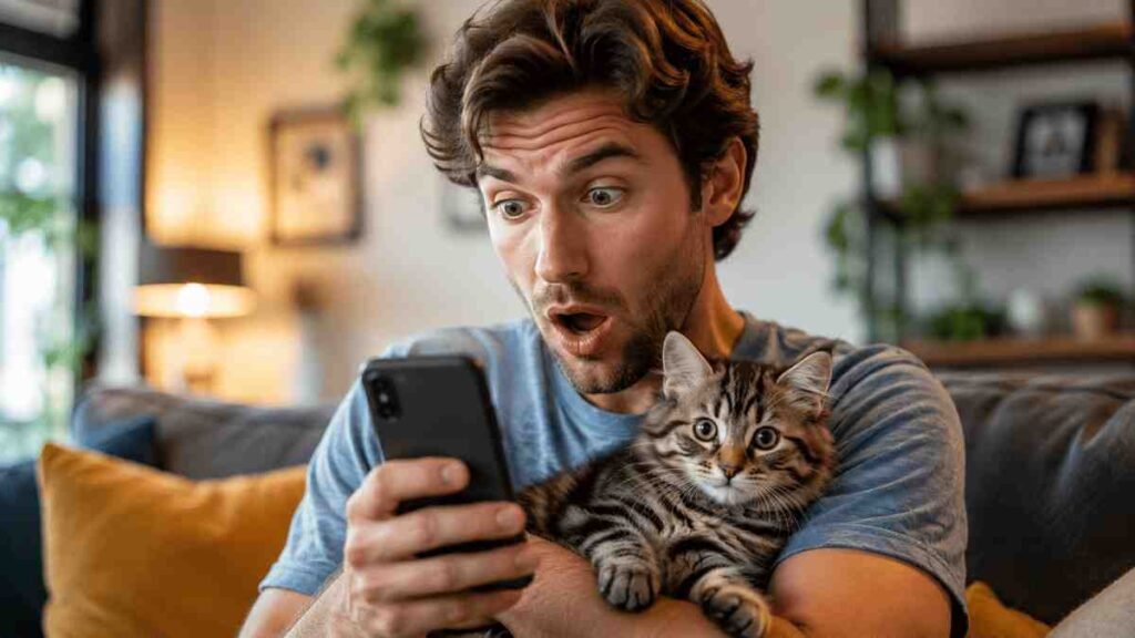 Young American man holding a fluffy tabby kitten while looking surprised at his smartphone in a cozy living room, representing unexpected pet healthcare costs and potential pet insurance savings.