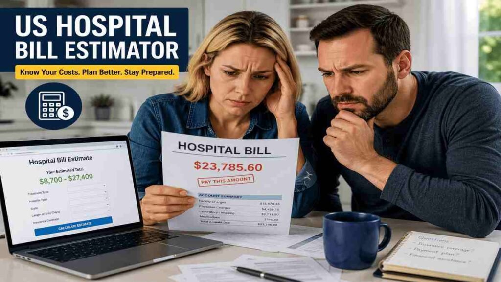 American family reviewing a hospital bill estimate on a laptop while discussing healthcare costs, with medical documents and hospital imagery in the background, illustrating hospital cost planning in the United States.