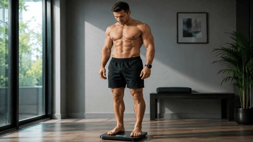 Muscular man standing on a digital weighing scale checking his weight and Body Mass Index in a modern home, highlighting the importance of healthy body composition.