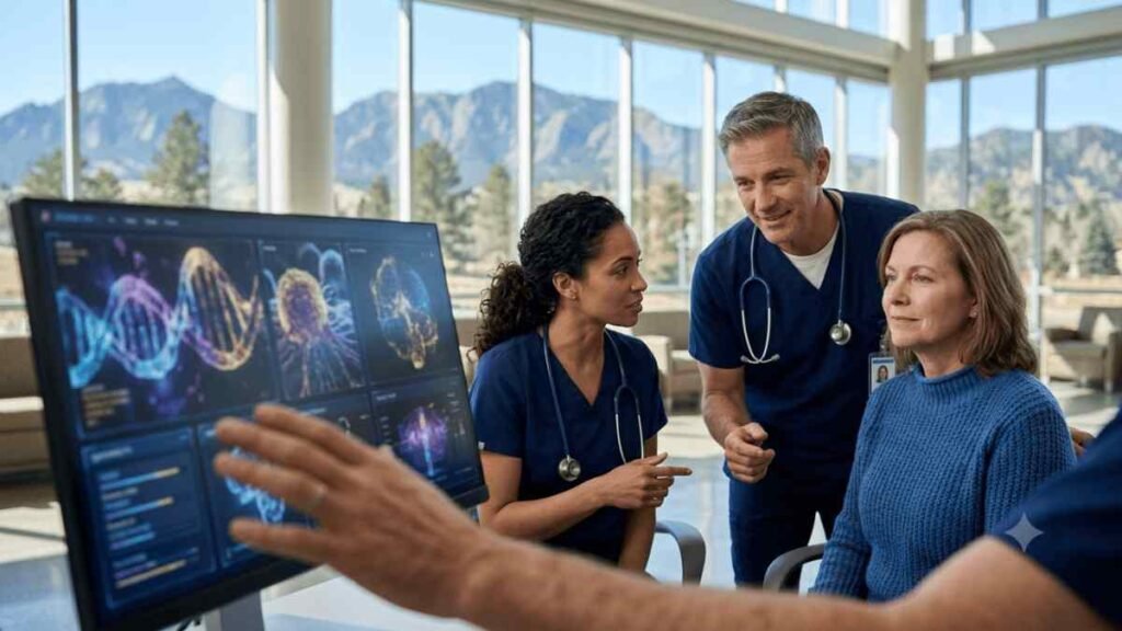 Patient consulting with an oncology care team inside a modern Colorado cancer hospital with advanced medical imaging technology and scenic Rocky Mountain views in the background.