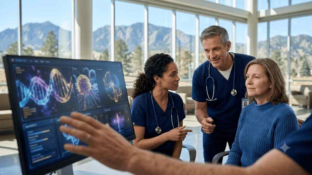 Patient consulting with an oncology care team inside a modern Colorado cancer hospital with advanced medical imaging technology and scenic Rocky Mountain views in the background.