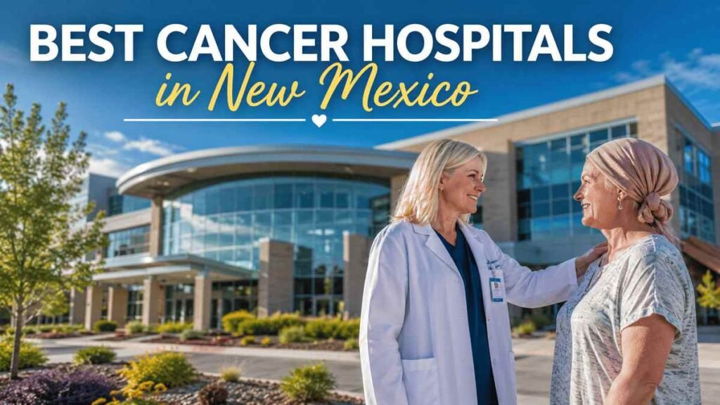 Compassionate American oncologist consulting with a Caucasian cancer patient inside a modern New Mexico cancer center, representing advanced oncology treatment and hope in 2026.