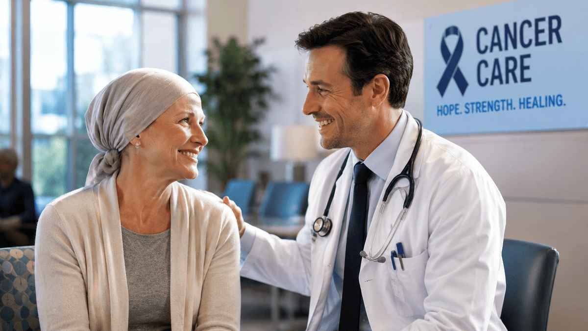 Compassionate American oncologist reassuring a smiling female cancer patient inside a modern South Dakota cancer center, symbolizing expert cancer care, hope, and advanced treatment.
