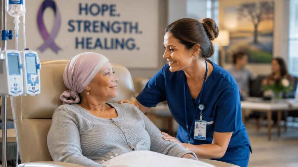 Compassionate oncology nurse comforting a cancer patient during chemotherapy at a modern Alabama cancer center, highlighting hope, healing, and patient-centered cancer care.