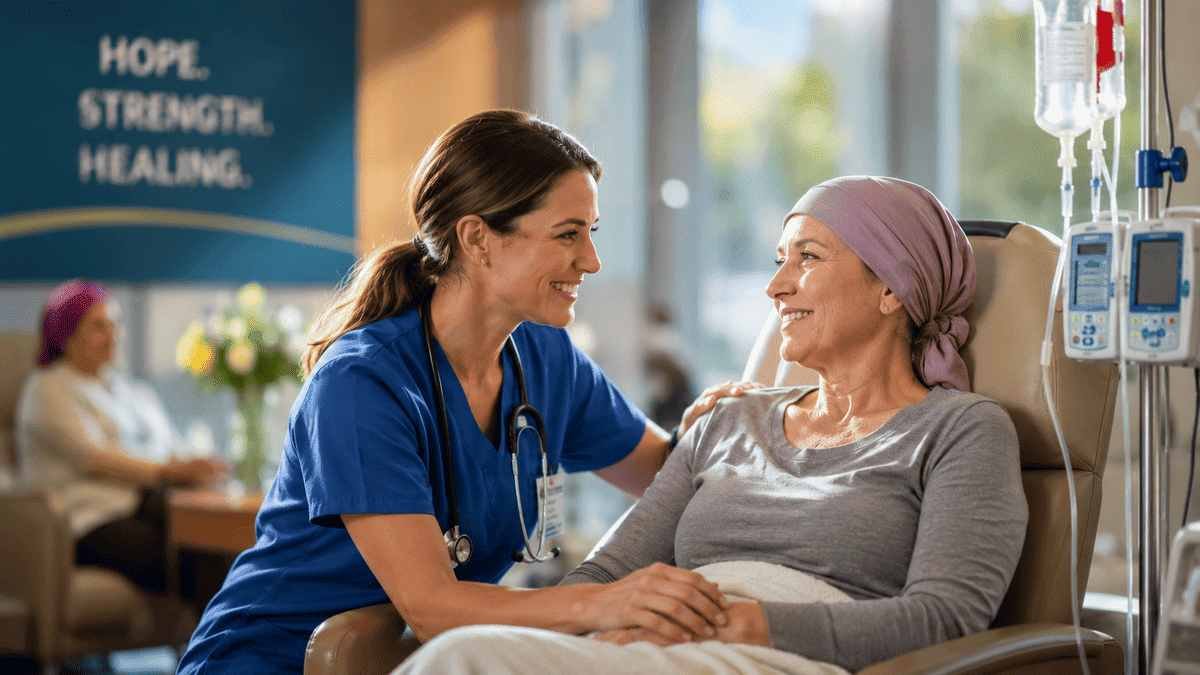 Compassionate oncology nurse comforting a cancer patient during chemotherapy at a modern Delaware cancer center, highlighting advanced treatment, hope, and patient-centered cancer care.