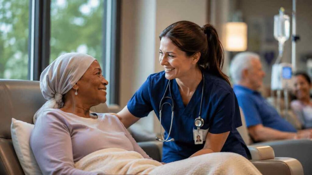 Compassionate American oncology doctor consulting with a diverse cancer patient inside a modern Georgia cancer center, representing advanced cancer treatment and patient-centered care.