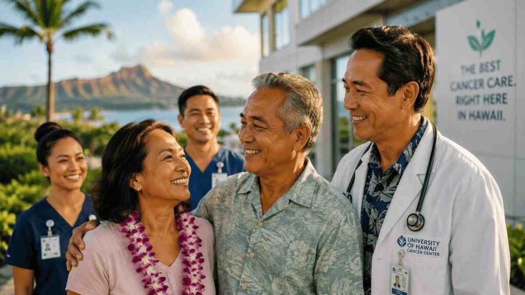 Compassionate oncology team meeting with a patient outside a modern Hawaii cancer center, with palm trees, ocean views, and Diamond Head in the background, symbolizing advanced cancer care in Hawaii.