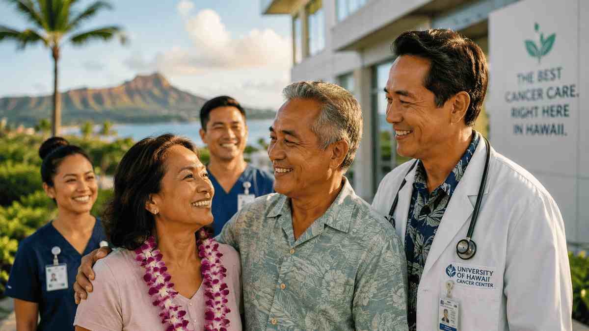 Compassionate oncology team meeting with a patient outside a modern Hawaii cancer center, with palm trees, ocean views, and Diamond Head in the background, symbolizing advanced cancer care in Hawaii.
