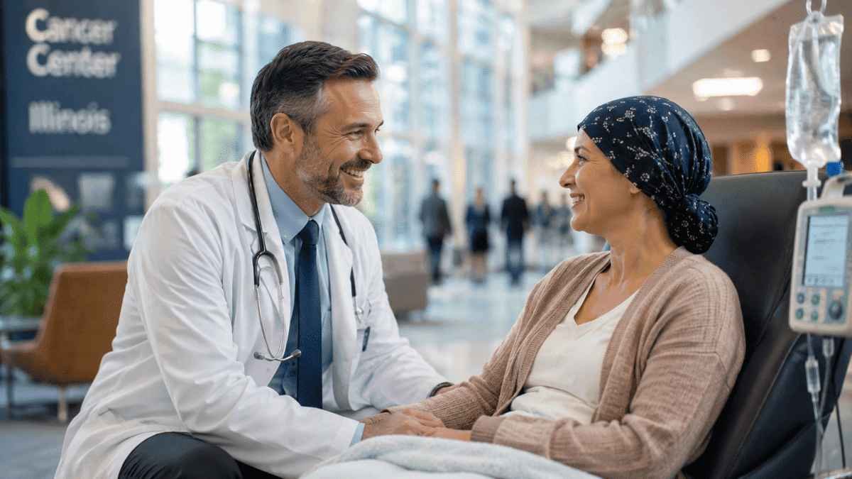 Compassionate American oncologist reassuring a cancer patient during treatment inside a modern Illinois cancer center, representing advanced oncology care and hope.