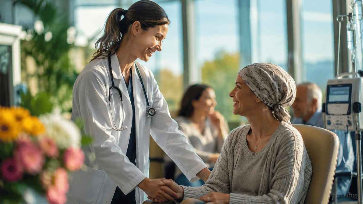 Compassionate American oncologist comforting a cancer patient during treatment at a modern Indiana cancer center, representing hope, advanced oncology care, and patient-centered treatment.