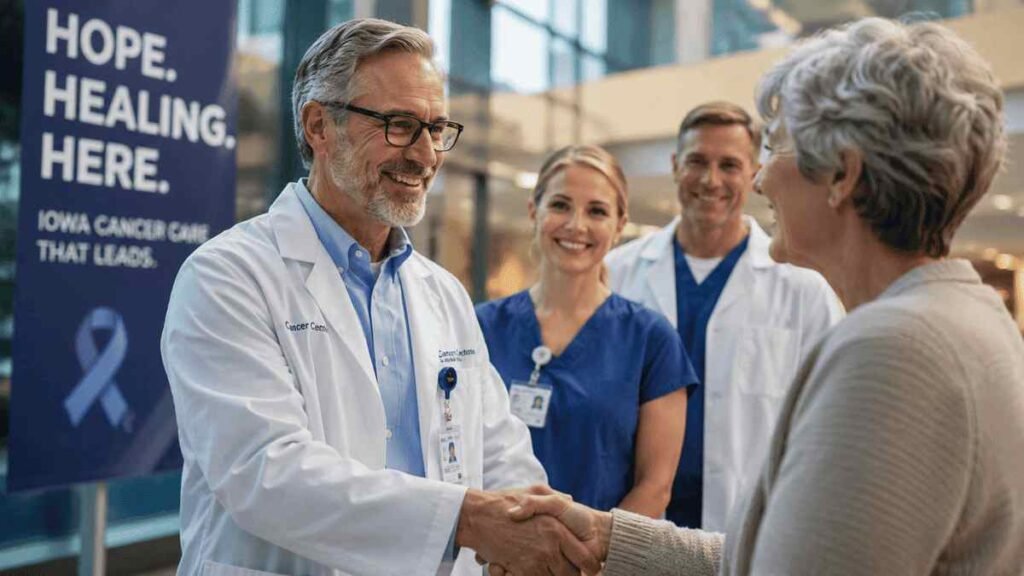 American cancer patient consulting with an experienced oncologist inside a modern Iowa cancer center, representing the best cancer hospitals in Iowa for advanced oncology care in 2026.