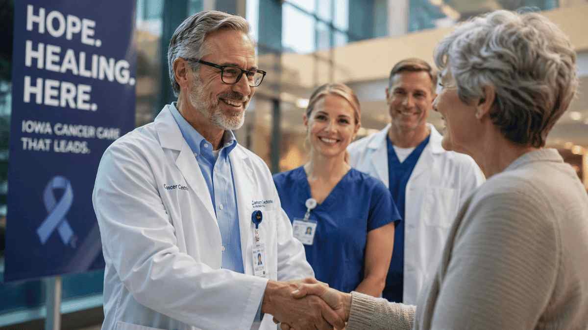 American cancer patient consulting with an experienced oncologist inside a modern Iowa cancer center, representing the best cancer hospitals in Iowa for advanced oncology care in 2026.
