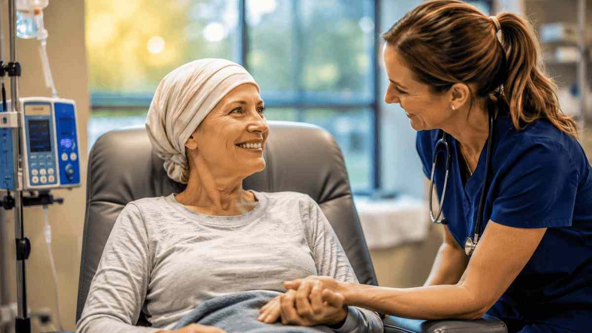 Compassionate cancer specialist consulting with an American patient inside a modern oncology center in Kansas, representing the best cancer hospitals in Kansas for 2026.