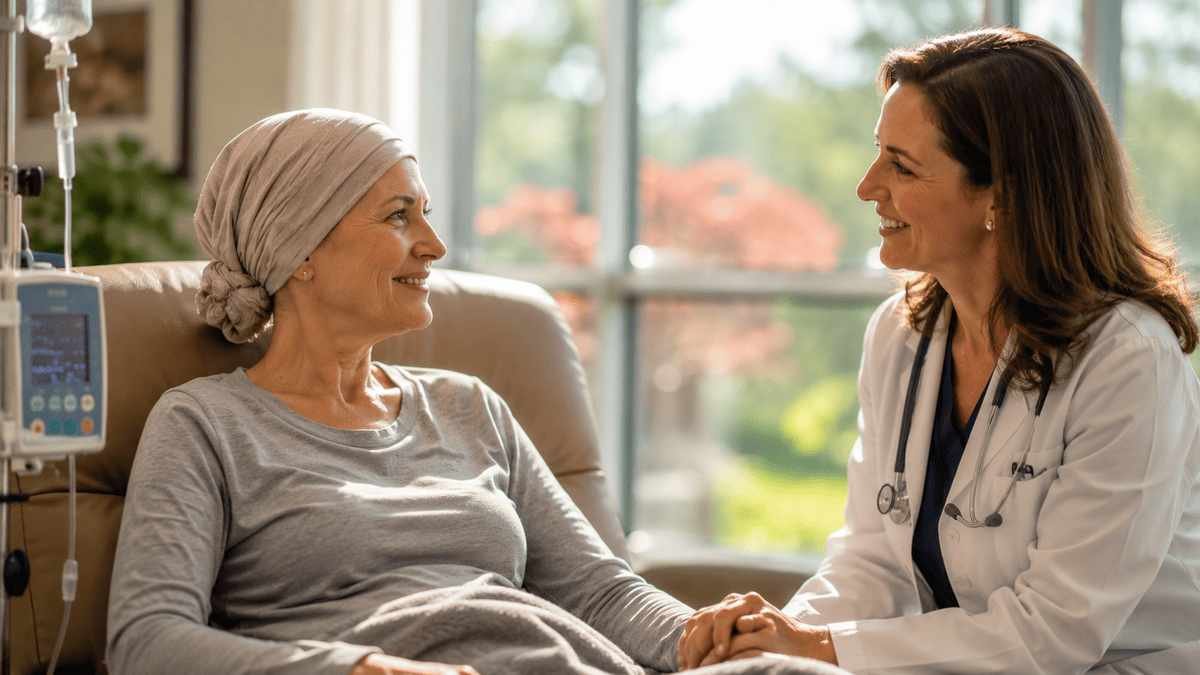 Compassionate American oncologist consulting with a cancer patient inside a modern Maryland cancer center, representing the best cancer hospitals in Maryland for advanced oncology care in 2026.