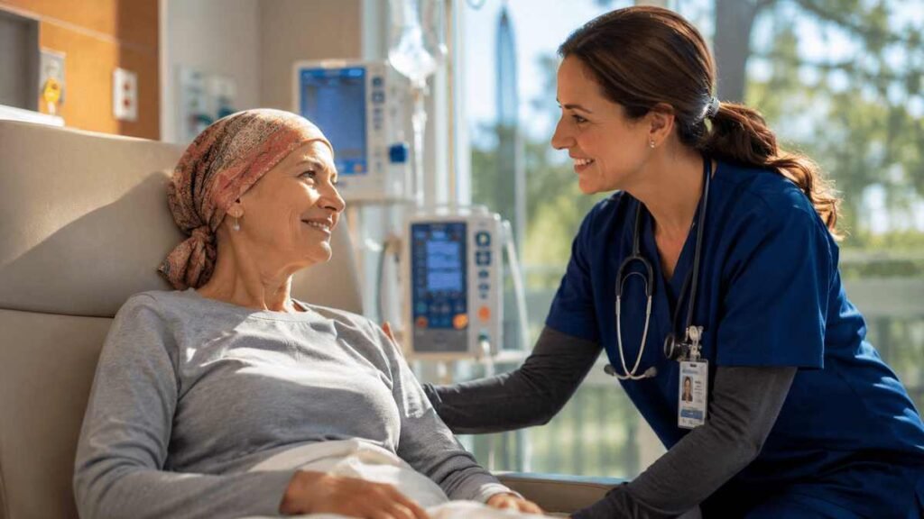 American oncologist discussing a personalized cancer treatment plan with a patient inside a modern Michigan cancer center, representing the best cancer hospitals in Michigan for advanced oncology care in 2026.