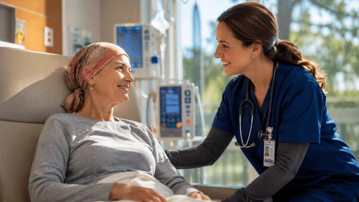 American oncologist discussing a personalized cancer treatment plan with a patient inside a modern Michigan cancer center, representing the best cancer hospitals in Michigan for advanced oncology care in 2026.