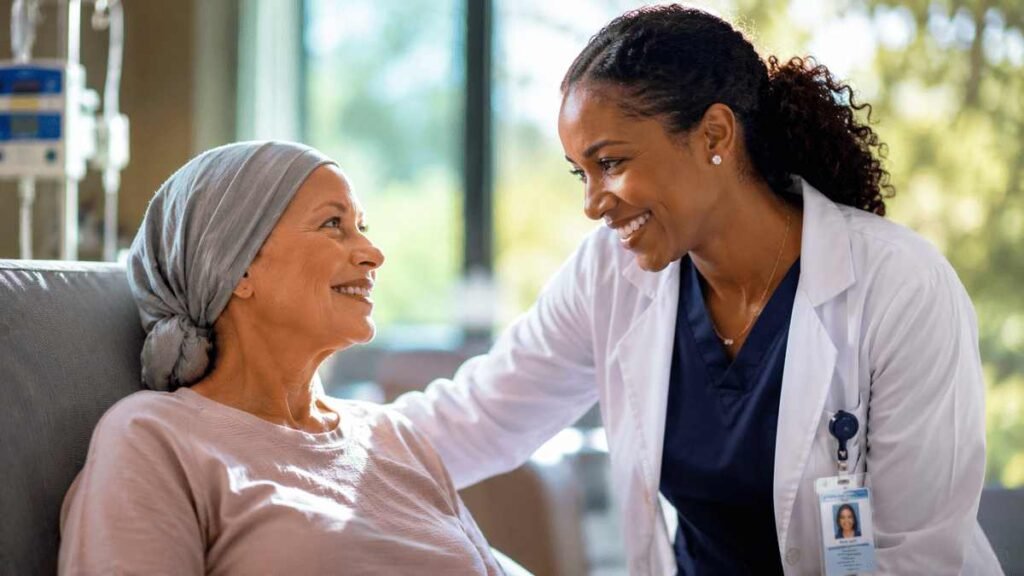 American oncologist consulting with a cancer patient inside a modern Missouri cancer center, showcasing advanced oncology care at one of the best cancer hospitals in Missouri for 2026.