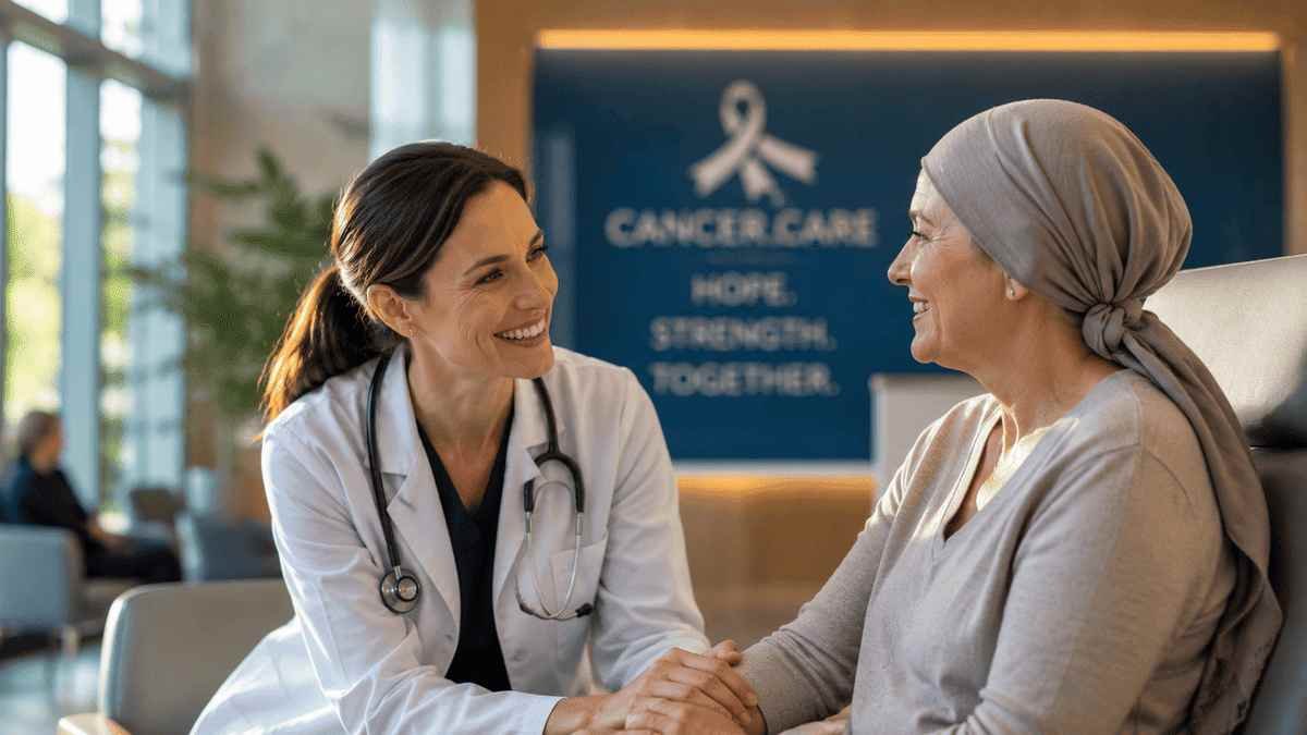 Compassionate oncologist holding a cancer patient's hand during a consultation in a modern Nebraska cancer center, representing advanced oncology care, hope, and personalized treatment.