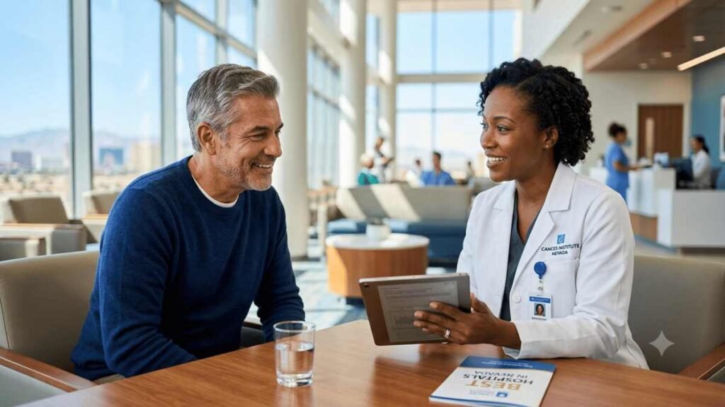 Patient consulting with an oncologist at a modern Nevada cancer hospital, highlighting compassionate cancer care, advanced treatment planning, and personalized oncology services.