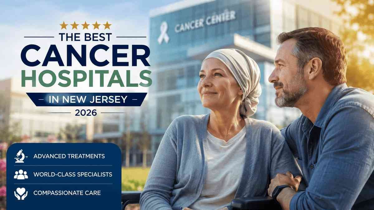 American Caucasian cancer patient consulting with a compassionate oncologist inside a modern New Jersey cancer hospital with advanced medical technology and bright cinematic lighting.
