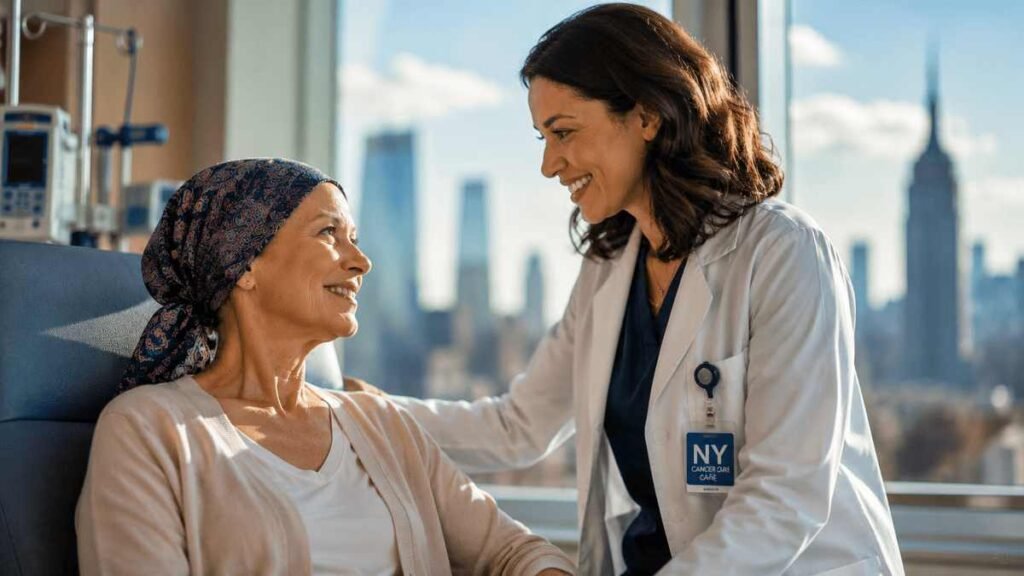 Compassionate American oncologist comforting a cancer patient inside a modern New York cancer center, representing advanced treatment at one of the best cancer hospitals in New York.
