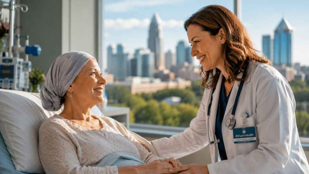 Compassionate American oncologist consulting with a smiling cancer patient inside a modern North Carolina cancer center, representing advanced treatment at one of the best cancer hospitals in North Carolina.