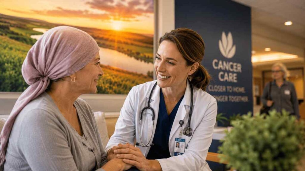 Compassionate oncologist comforting a cancer patient inside a modern North Dakota cancer center, symbolizing hope, advanced treatment, and patient-centered oncology care.