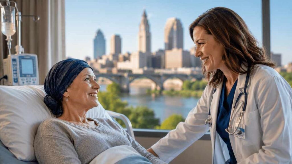 Compassionate oncology doctor discussing a personalized cancer treatment plan with an adult patient inside a modern Ohio cancer hospital, featuring bright natural lighting and advanced medical facilities.