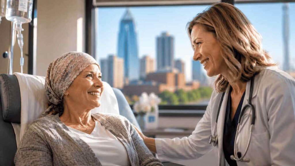 Compassionate American cancer care team consulting with an adult patient inside a modern Oklahoma cancer hospital featuring bright natural lighting, advanced medical technology, and a welcoming treatment environment.