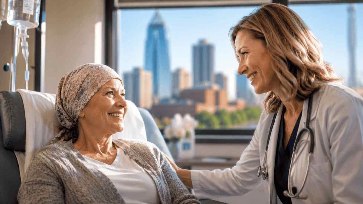 Compassionate American cancer care team consulting with an adult patient inside a modern Oklahoma cancer hospital featuring bright natural lighting, advanced medical technology, and a welcoming treatment environment.
