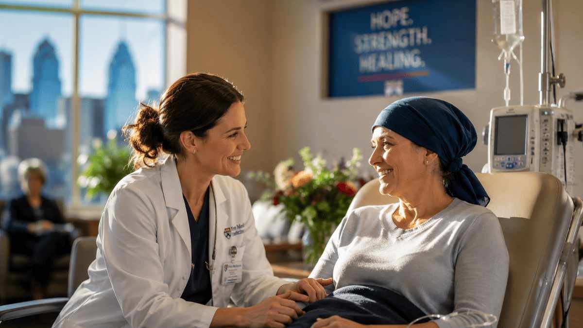 Compassionate oncologist comforting a cancer patient during treatment at a modern Pennsylvania cancer center, representing advanced oncology care, hope, and personalized treatment.