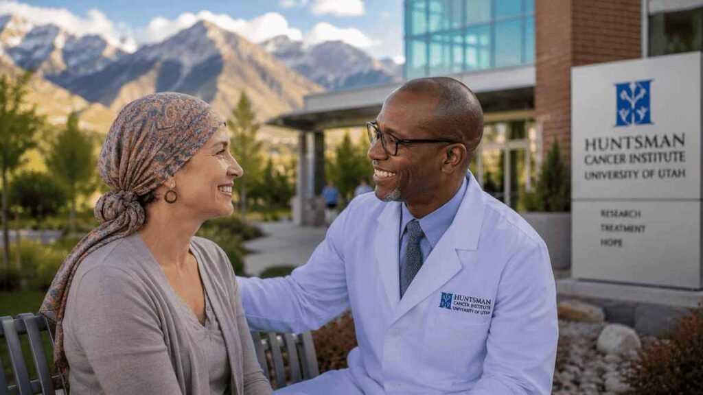 Compassionate oncologist speaking with a cancer patient outside Huntsman Cancer Institute in Utah, with scenic Wasatch Mountains in the background, representing advanced cancer care and hope.