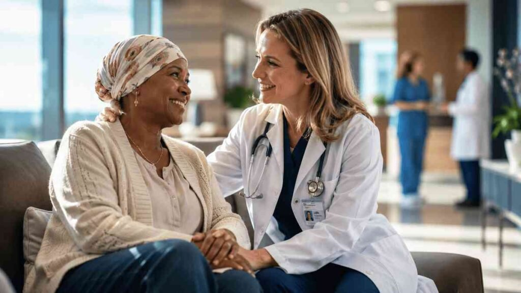 Compassionate oncologist comforting a cancer patient during a consultation at a modern Virginia cancer hospital, representing advanced, patient-centered oncology care.