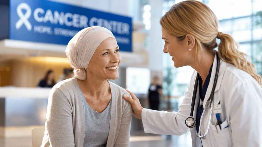 Compassionate American oncologist comforting a smiling female cancer patient inside a modern Wisconsin cancer center with bright natural lighting, representing expert cancer care and hope.