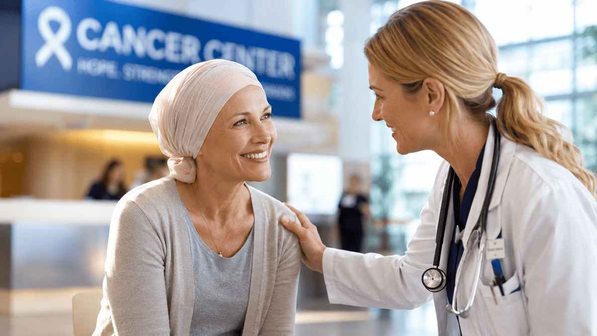 Compassionate American oncologist comforting a smiling female cancer patient inside a modern Wisconsin cancer center with bright natural lighting, representing expert cancer care and hope.