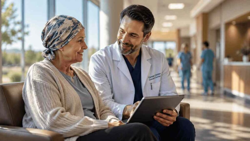 Compassionate oncologist discussing a personalized cancer treatment plan with a patient inside a modern Wyoming cancer hospital, showcasing advanced and patient-centered oncology care.