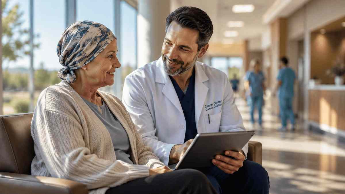 Compassionate oncologist discussing a personalized cancer treatment plan with a patient inside a modern Wyoming cancer hospital, showcasing advanced and patient-centered oncology care.
