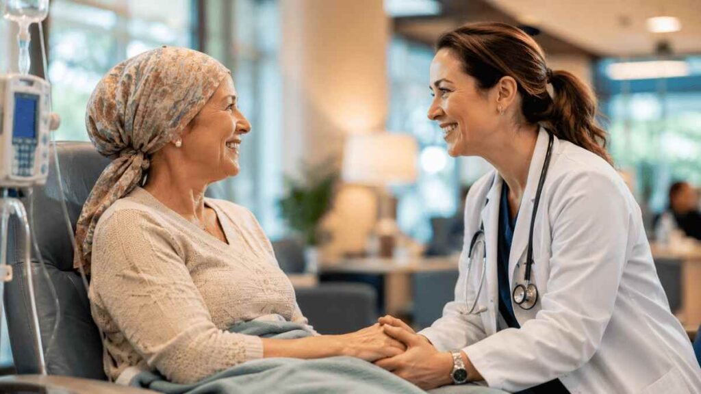 Compassionate oncology doctor comforting a smiling cancer patient during treatment at one of the best cancer hospitals in Tennessee.