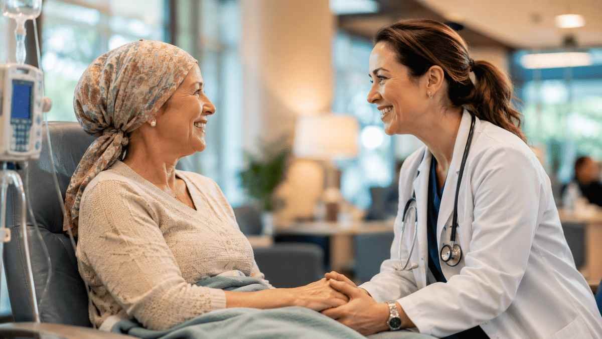 Compassionate oncology doctor comforting a smiling cancer patient during treatment at one of the best cancer hospitals in Tennessee.