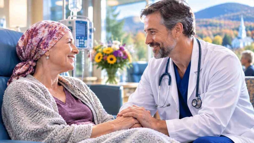 Smiling American cancer patient talking with an oncologist inside a bright, modern Vermont cancer center with advanced treatment equipment and compassionate healthcare staff.