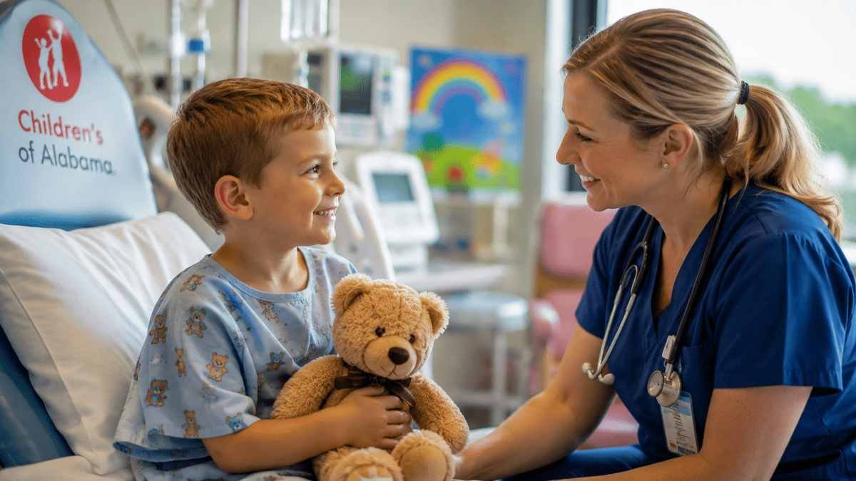 A caring American pediatric doctor comforting a smiling young child with parents inside a bright, modern children's hospital in Alabama.