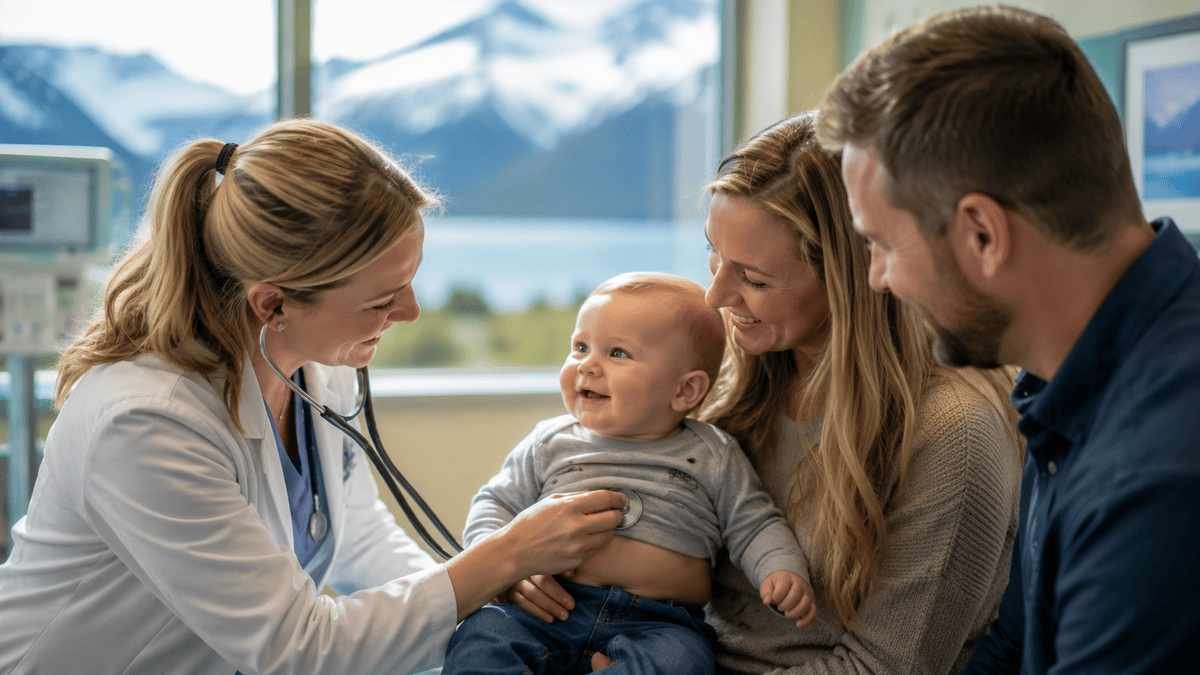 Smiling American parents with their baby during a pediatric checkup at a modern children's hospital in Arkansas