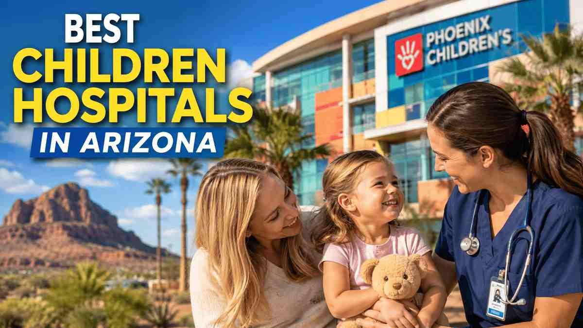 American mother holding her smiling young child inside a bright, modern pediatric hospital in Arizona, with a friendly pediatric doctor in the background, representing the best children's hospitals in Arizona.